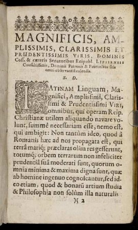 Magnificis ... Senatoribus Reipubl. Lipsiensis ...