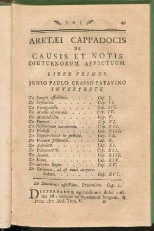 Aretaei Cappadocis De Causis Et Notis Diuturnorum Affectuum Liber Primus
