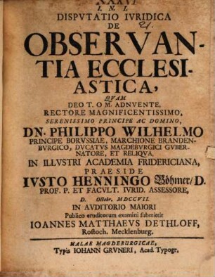 Dispvtatio Ivridica De Observantia Ecclesiastica