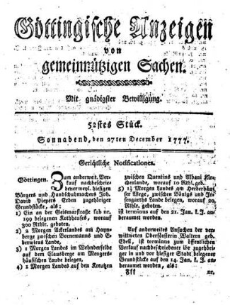 52stes Stück. Sonnabend, den 27ten December 1777.