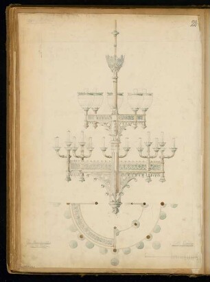 Gaskronleuchter Monatskonkurrenz April 1868: Halbgrundriss, Ansicht; Maßstabsleiste