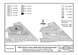 Yield maps in contour shape (left) and grid shape (right) (Scheyern, Flachfeld 17.1 ha, SEL-GLOBOS DGPS, DATAVISION-FLOWCONTROL, August 12 & 13 1991),