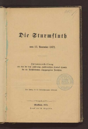 Die Sturmfluth vom 13. November 1872 : Zusammenstellung aus den bei dem Schleswig-Holsteinischen Central-Comite für die Nothleidenden eingegangenen Berichten
