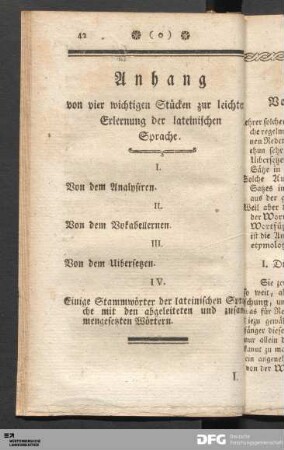 Anhang von vier wichtigen Stücken zur leichtern Erlernung der lateinischen Sprache.