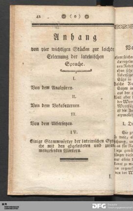 Anhang von vier wichtigen Stücken zur leichtern Erlernung der lateinischen Sprache.