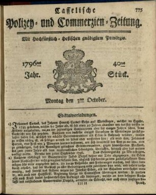 40tes Stueck, Montag den 3ten October 1796
