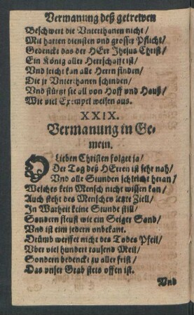 XXIX. Vermanung in Gemein.