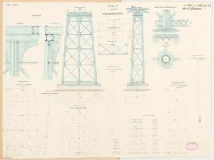 Pfeiler aus Eisen für eine Eisenbahnbrücke Monatskonkurrenz Oktober 1881: Grundriss, Aufriss Vorderansicht, Seitenansicht, Detail, Konstruktionszeichnungen; 3 Maßstabsleisten