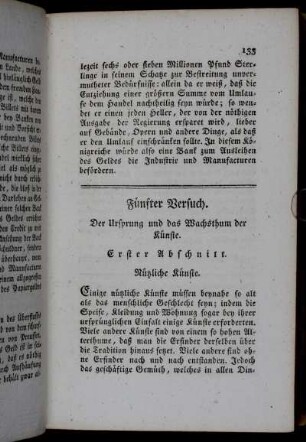 Fünfter Versuch. Der Ursprung und das Wachsthum der Künste.