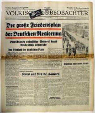 Fragment der Tageszeitung "Völkischer Beobachter" zur Überreichung eines deutschen "Friedensplanes" an Großbritannien und zum Flug des Luftschiffes "Hindenburg"