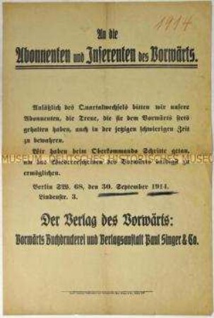 Maueranschlag des Vorwärts-Verlages zum Verbot des Parteiorgans der SPD
