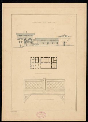 Molkenhaus - ländlicher Gasthof Monatskonkurrenz Juli 1832: Grundriss Erdgeschoss, Aufriss Vorderansicht, Aufriss Seitenansicht der Brücke zwischen den Hausteilen; 3 Maßstabsleisten