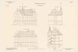 Kavallerie Kasernement II, Danzig-Langfuhr Stabsgebäude: Querschnitt, Hinteransicht, Seitenansicht, Vorderansicht, 1:100