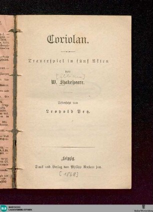 Coriolan : Traurerspiel in fünf Akten