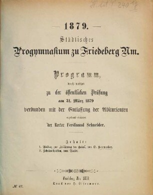 Programm : durch welches zu der öffentlichen Prüfung ... ergebenst einladet. 1878/79