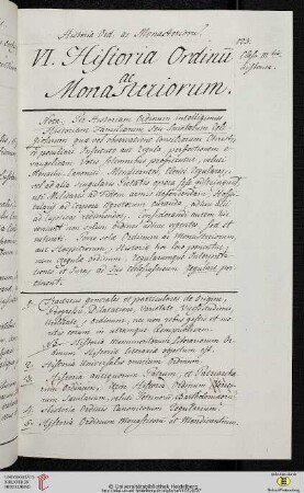 VI. Historia Ordinum ac Monasteriorum