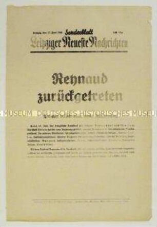 Sonderblatt der "Leipziger Neuesten Nachrichten" zum Rücktritt der französischen Regierung und zur Regierungsbildung unter Petain