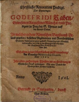 Christliche Revocation Predigt, in welcher er dem Röm. Bapstumb Urlaub gegeben