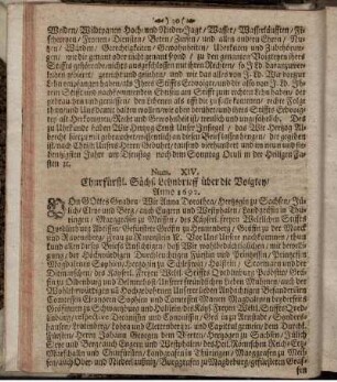 Num XIV. Churfürstl. Sächs. Lehnbrieff über die Voigtey/ Anno 1692.