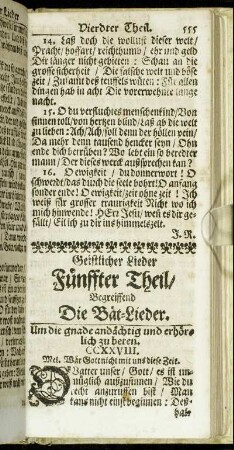 Geistlicher Lieder Fünffter Theil/ Begreiffend Die Bät-Lieder.