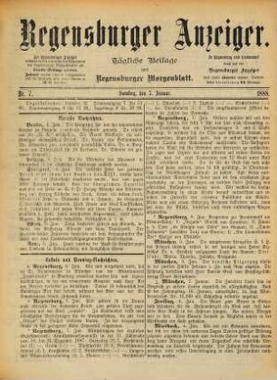 Regensburger Anzeiger : General-Anzeiger und Handelszeitung. 1888, 1 - 3 = Nr. 1 (1. Januar) - Nr. 90 (31. März)
