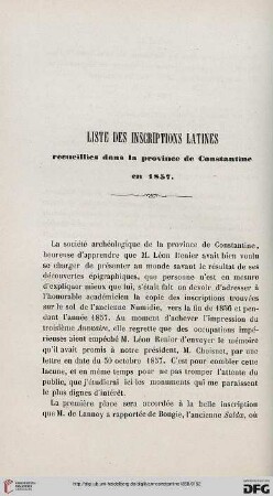 Liste des inscriptions latines recueillies dans la province de Constantine en 1857