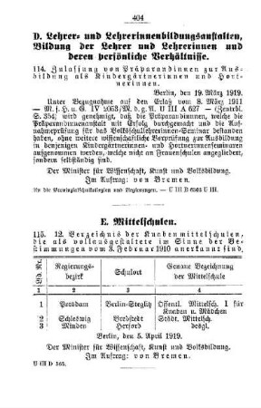 Verzeichnis der Knabenmittelschulen, die als vollausgestaltete im Sinne der Bestimmungen vom 3. Februar 1910 anerkannt sind : [E. Mittelschulen]