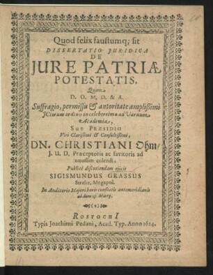 Dissertatio Iuridica De Iure Patriae Potestatis