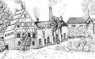 Bad Muskau-Köbeln. Papiermühle, um 1870, Handzeichnung von Minna Fischer, Repro