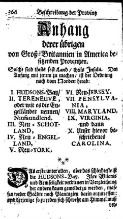 Anhang der übrigen von Groß-Brittannien in America besitzenden Provintzen, als: