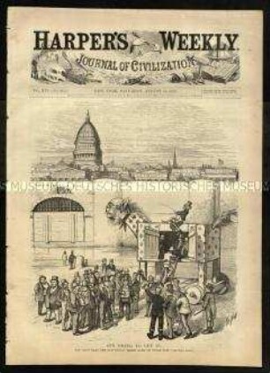 Zeitung Harper's Weekly mit dem Titelholzschnitt eines Trojanischen Pferdes vor den Stadtmauern von Washington DC, Samstag, 10. August 1872