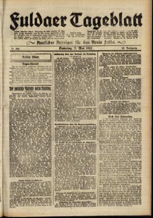 Erste Ausgabe vom Samstag, den 07. Mai 1921.
