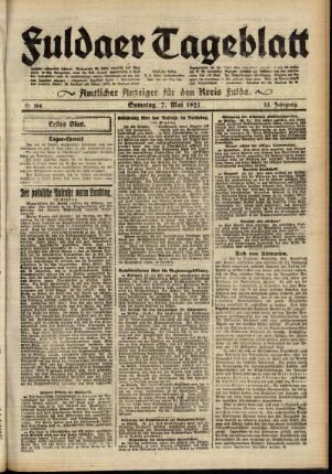 Erste Ausgabe vom Samstag, den 07. Mai 1921.