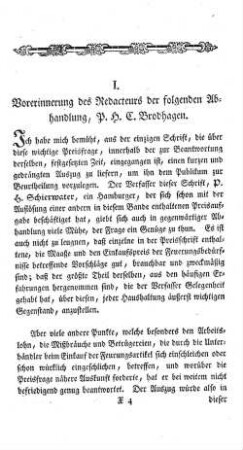 I. Vorerinnerung des Redacteurs der folgenden Abhandlung, P.H.C. Brodhagen.