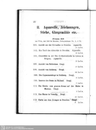 II. Aquarelle, Zeichnungen, Stiche, Glasgemälde etc.