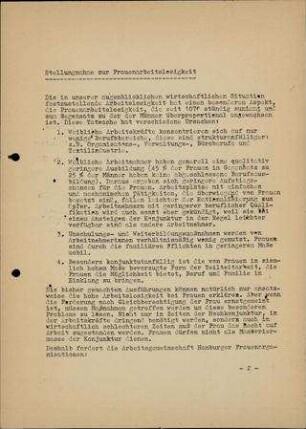Stellungnahme für Frauenarbeitslosigkeit