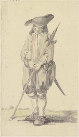 Stehender Mann mit Hellebarde und Säbel