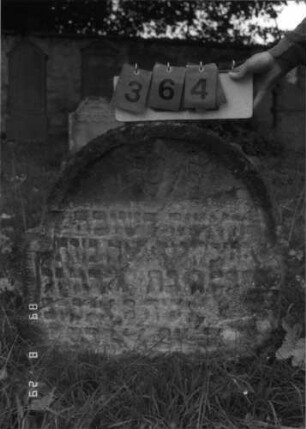 Grabstein 364 (Index: 100107822) Material: grauer Sandstein Zustand: stark verwittert und eingesunken, weitgehender Textverlust Maße HxBxT: 73x72x15 cm Beschreibung: Stele, eingezogener Rundbogenabschluß, Schriftfeld eingetieft: Grabstein 364