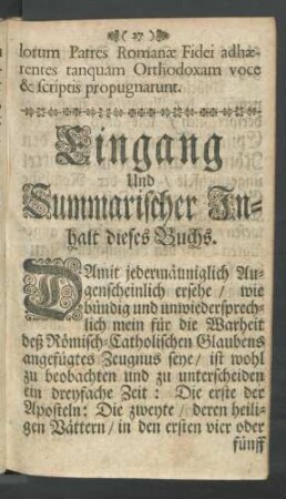 Eingang Und Summarischer Inhalt dieses Buchs.
