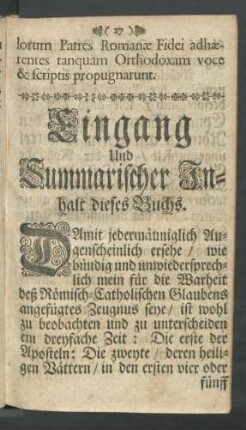 Eingang Und Summarischer Inhalt dieses Buchs.