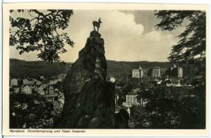 Karlsbad. Hirschensprung und Hotel Imperial : Karlsbad. Hirschensprung und Hotel Imperial. Aussichtspunkt (450 m) mit Zinnstatue einer Gemse (1851 errichtet von Baron August von Lützow). Bemalte Fotografie