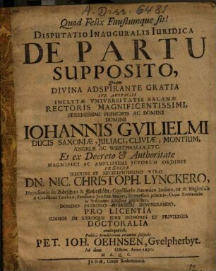 Dissertatio Inauguralis Iuridica De Partu Supposito