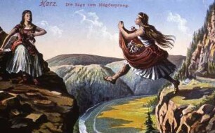 Sachsen-Anhalt, Mägdesprung, Ortsteil von Harzgerode, im Selketal. Nach einer Sage sprang einst eine Riesin über das Selketal, historische Postkarte von 1890