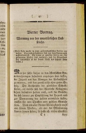 Vierter Vortrag. Warnung vor der unnatürlichen Lustseuche.