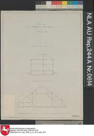 Querprofile vom Platzgebäude der Domäne Kloster Uppingen bei UTTUM Kolorierte Zeichnung von H. Balke Papier Format 33,3x44,8 M 1:161