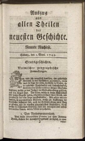 Neunte Nachlese. Coburg, den 1. Mart. 1749.