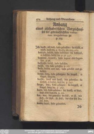 Anhang eines alphabetischen Verzeichnisses der gebräuchlichsten verborum irregularium zu p. 125.