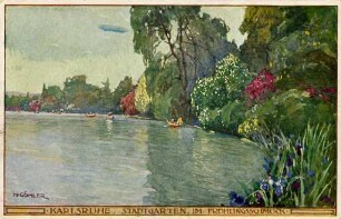 Postkartenalbum mit Motiven von Karlsruhe. "Karlsruhe. Stadtgarten, im Frühlingsschmuck". Stadtgartensee