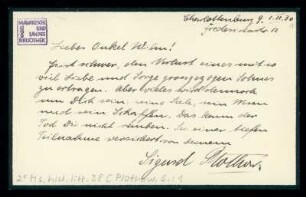 Brief von Sigurd Plothow an Wilhelm Schwaner