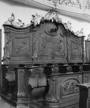Chorgestühl : Chorgestühl. Eichenholz, geschnitzt (1755/1764; J. B. Straub). Schäftlarn, Klosterkirche Sankt Dionysius und Juliana, Langhaus